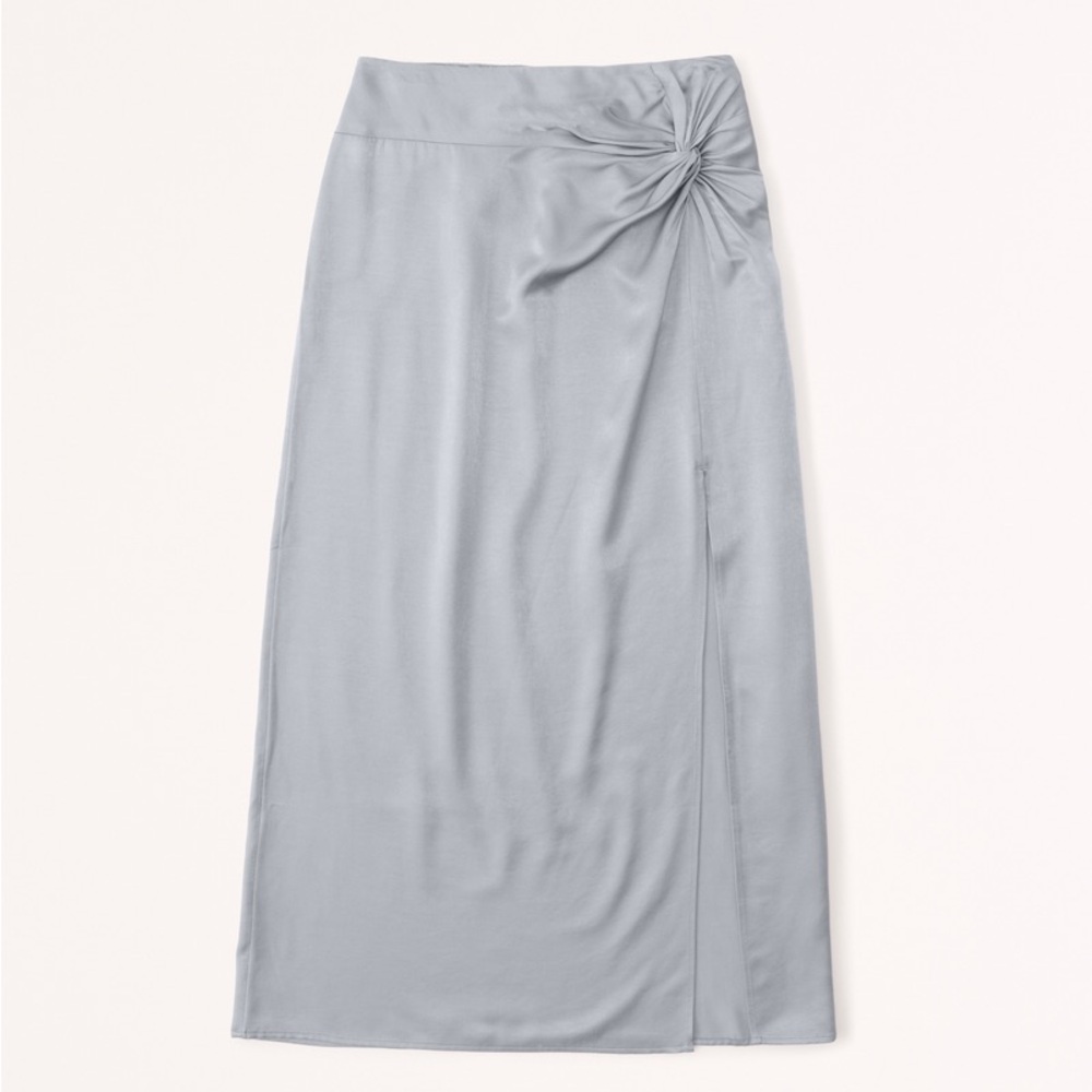 NWT Abercrombie Knotted Elevated Satin Midi Skirt in Silver - Size Petite Small